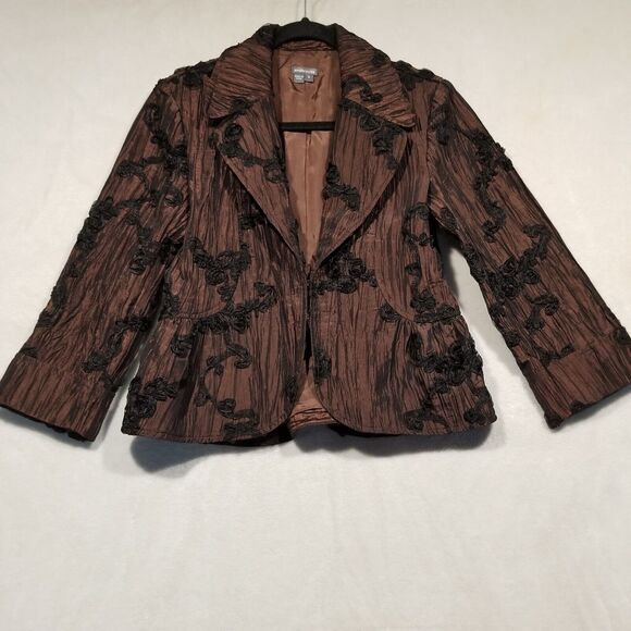 Jackets & Blazers - Anthracite Size 6 Blazer Jacket Brown Crepe 3D Black Floral Applique Blazer